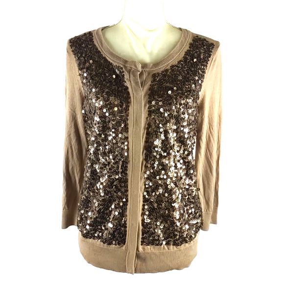 Talbots Women Sequins Snap Sweater Cardigan Long Sleeves Size L Color Tan - Picture 8 of 9
